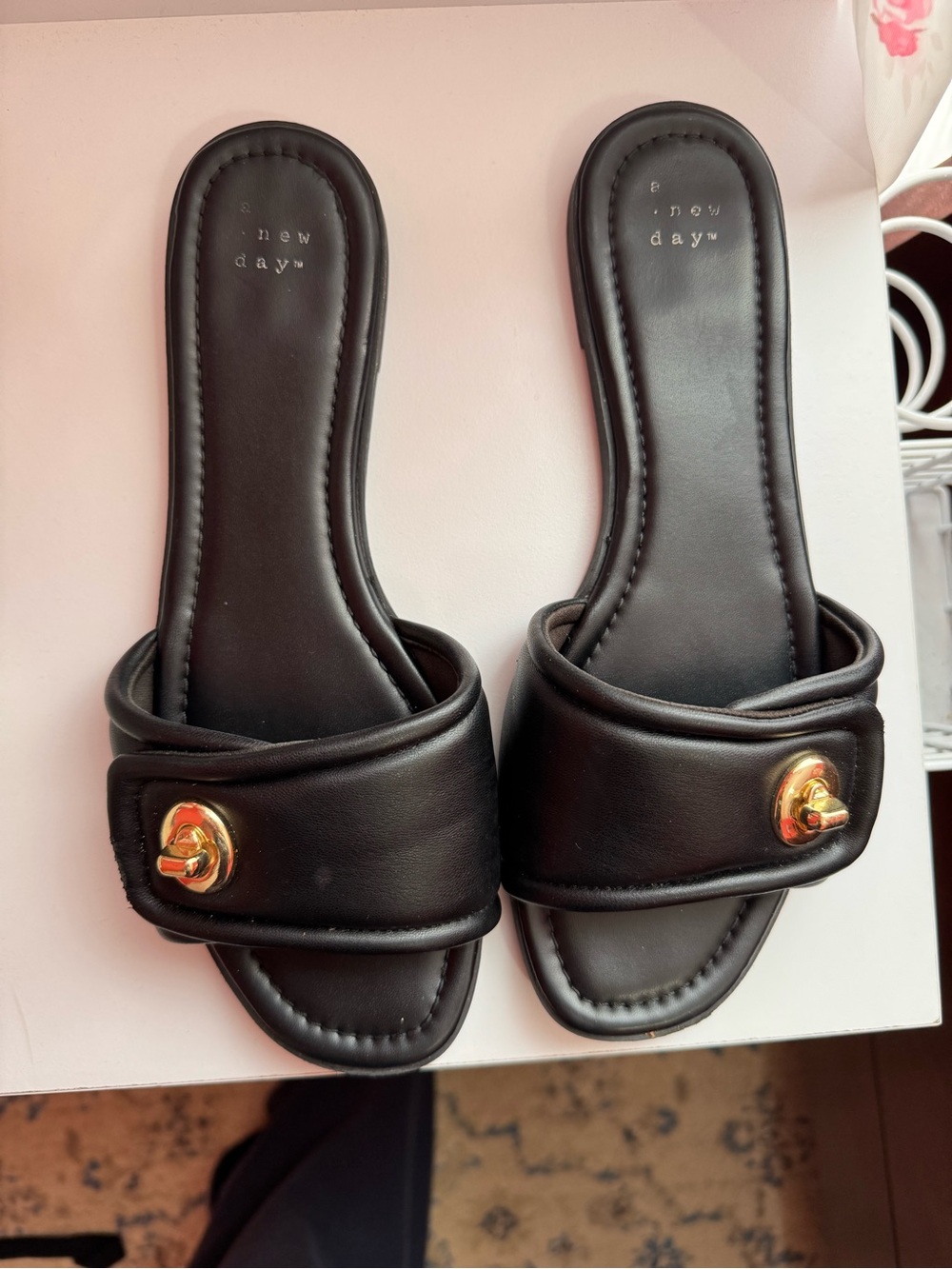 a new day Black Slide Sandals with Gold Accent Hardware